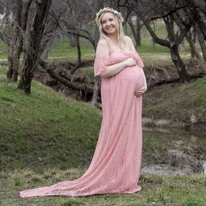 Pink Lace Maternity Gown & Flower Crown